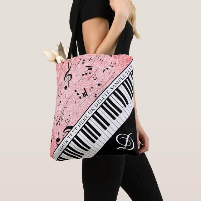Piano Music Script Monogram Rose Gold Glitter Tote Bag (Close Up)