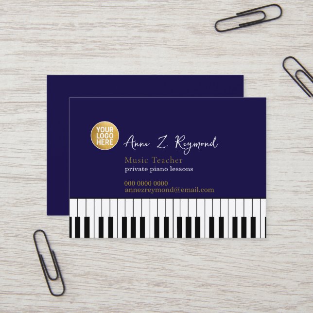 Piano Music Teacher deep-blue with logo Business Card (Front/Back In Situ)