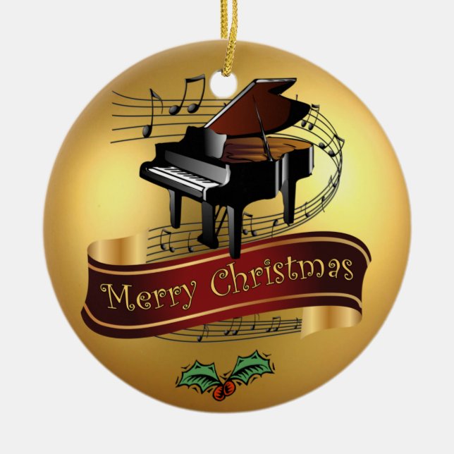 Piano ~ Musical Scroll ~ Gold ~“Merry Christmas”~ Ceramic Ornament (Front)