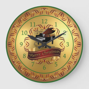 Piano ~ Musical Scroll ~ Gold “Merry Christmas” Large Clock