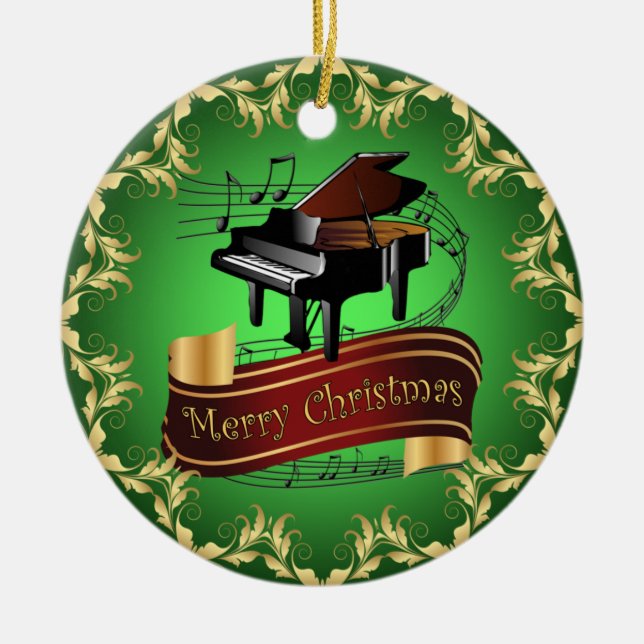 Piano ~ Musical Scroll ~ Merry Christmas ~ * ~ Ceramic Ornament (Front)