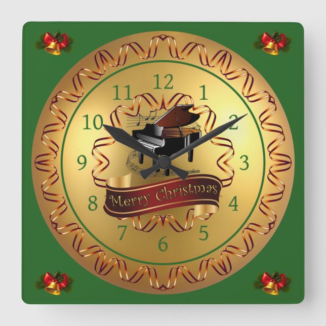 Piano ~ Musical Scroll ~ “Merry Christmas”  Square Wall Clock (Front)