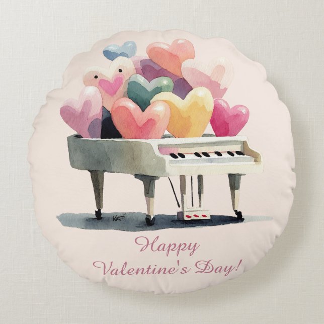 Piano of Love Hearts Valentine's Day Round Pillow (Front)