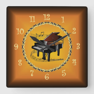   Piano On Musical Scroll Russet Orange Timepiece Square Wall Clock