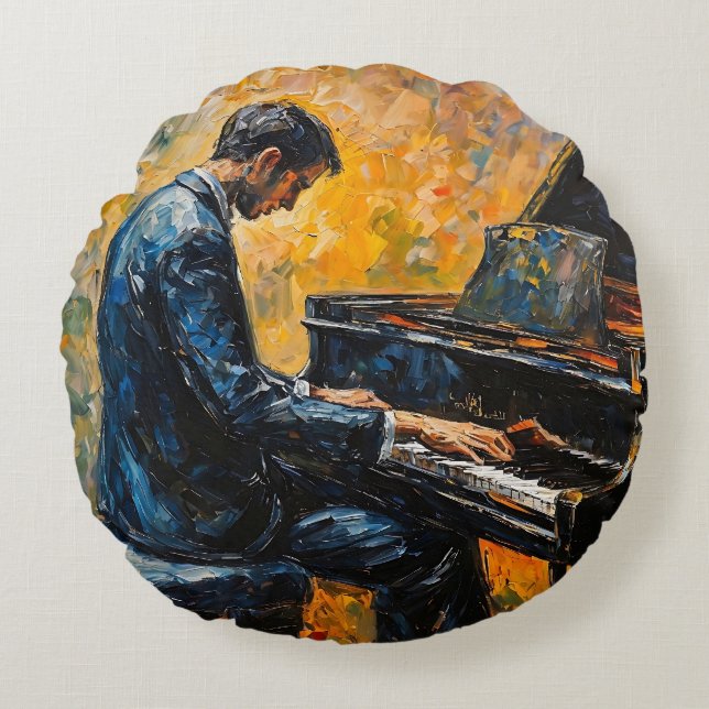 Piano Player - Oil Painting Round Pillow (Front)