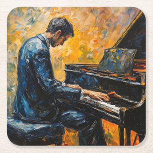 Piano Player - Oil Painting Square Paper Coaster