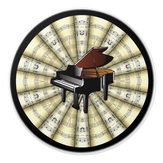 Piano ~ Rolled Sheet Music ~ Black or Any Colour Ceramic Knob (Front)