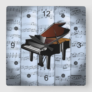 Piano ~ Rolled Sheet Music ~ Blue Tint Background  Square Wall Clock