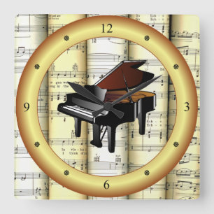 Piano ~ Rolled Sheet Music ~ Gold Ring ~ * ~ Square Wall Clock