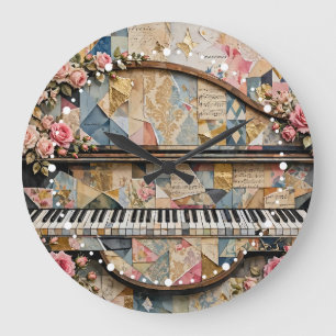 Piano & Roses Whimsical Collage Style Romantic Large Clock