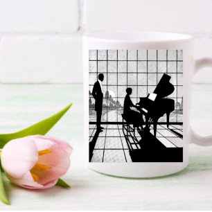 Piano Silhouette Art Deco Style Black and White Coffee Mug