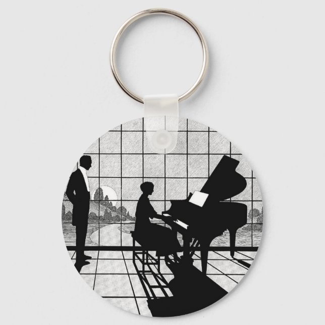 Piano Silhouette Art Deco Style | Black and White  Keychain (Front)