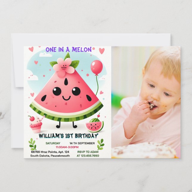 pic pink summer one in a melon first 1st birthday invitation (Front)