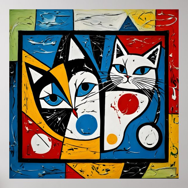 Picasso,Cat, Family,Kitzch,Art,Whiskers,Colourful, Poster (Front)