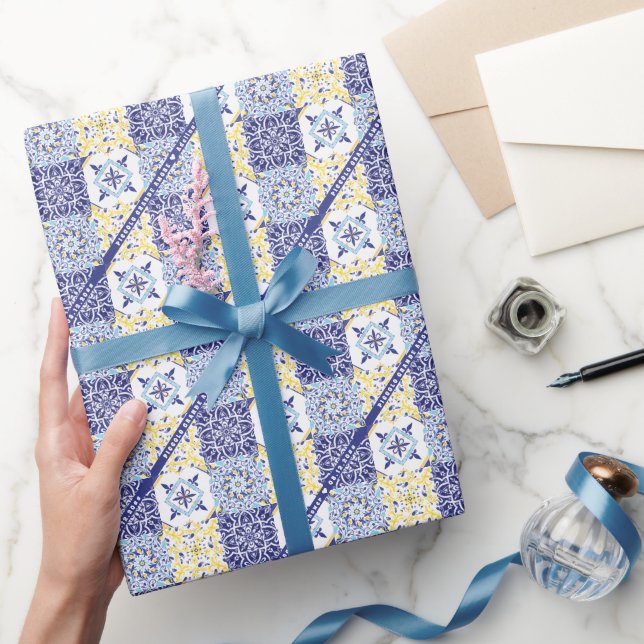 Piccolo Amore Italian Tiles Blue Lemon Baby Shower Wrapping Paper (Gifting)