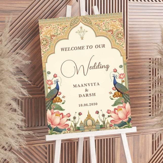 Pichwai Indian Lotus Peacock Wedding Welcome Sign (Creator Uploaded)