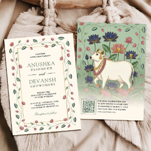 Pichwai Kamdhenu Cow and Lotus Indian Wedding Invitation