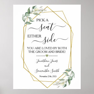Pick a seat either side wedding ceremony greenery poster