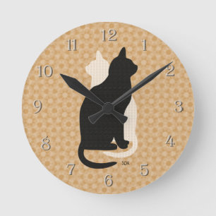 Pick Colour Black White Cat Duo Yin Yang Style Round Clock