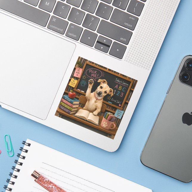Pick Me! Cute School Dog Raising Paw (Laptop w/ iPhone)