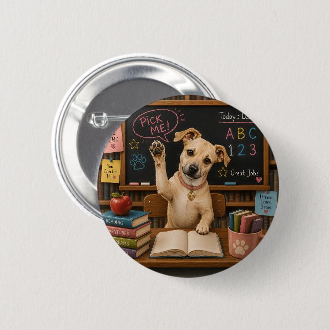 Pick Me! Cute School Dog Raising Paw 2 Inch Round Button (Front & Back)