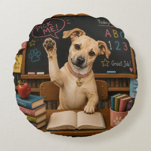 Pick Me! Cute School Dog Raising Paw Round Pillow