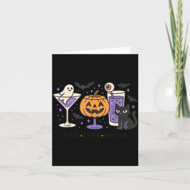 Pick Poison Halloween Black Cat Pumpkin Ghost Tail Card (Front)