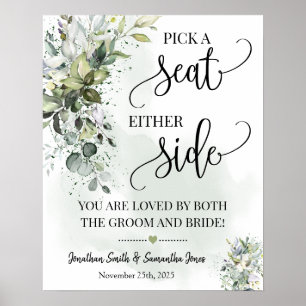 Pick seat either side wedding ceremony eucalyptus poster