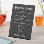 Pick Your Poison Elegant Skeletons Bar Menu Pedestal Sign<br><div class="desc">This Halloween inspired Bar Menu is accented with off-white skeletons holding hands on a spider damask background and the phrase, Pick Your Poison. It is part of the Elegant Skeletons Wedding Collection and is easy to personalize; however, if help is needed personalizing this menu or if additional coordinating items are...</div>