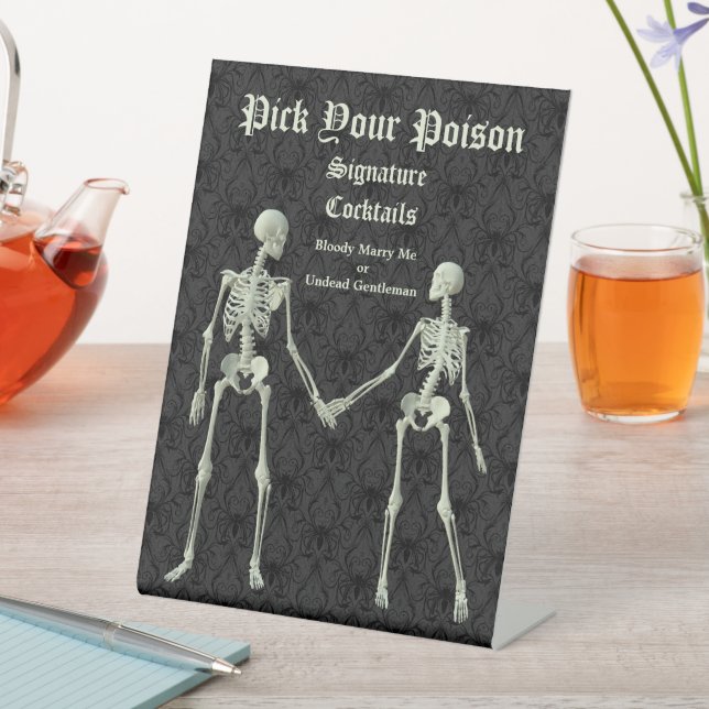 Pick Your Poison Elegant Skeletons Drink Menu Pedestal Sign (In SItu)