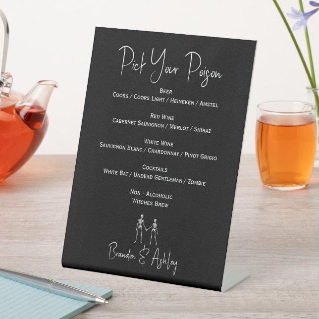 Pick Your Poison Skeleton Wedding Black Bar Menu Pedestal Sign (In SItu)