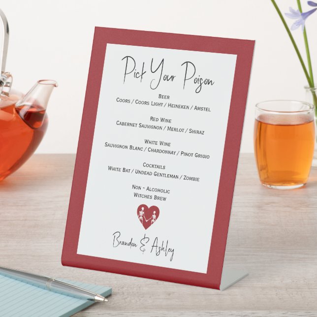 Pick Your Poison Skeleton Wedding Red Bar Menu Pedestal Sign (In SItu)