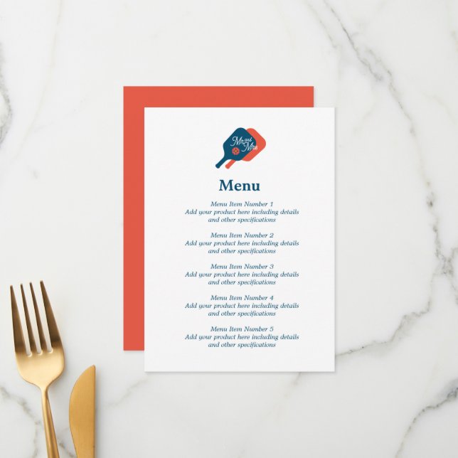 Pickelball menu mariage avec logo paddle racket (Devant/Arrière en situation)