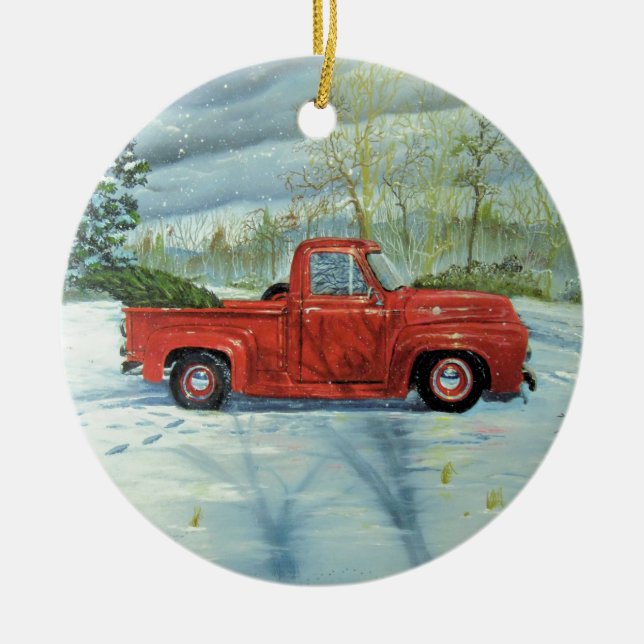 Picking up the Tree for Christmas Ceramic Ornament (Front)