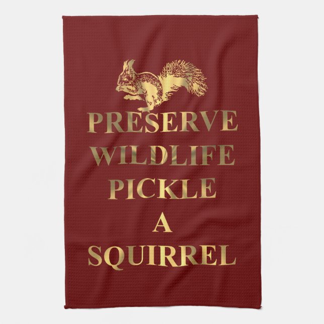 Pickle a squirrel (on any colour) kitchen towel (Vertical)
