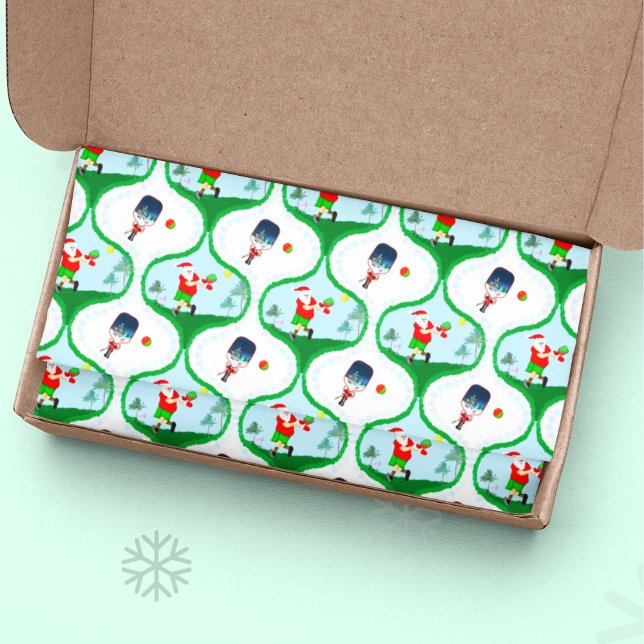 Pickle ball Christmas With Santa In Florida Tissue Paper (Jolly tissue paper: Retro pickleball fun with Santa, flamingo vibes, and palm trees!)