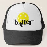 Pickle Baller Funny Black and White Trucker Hat<br><div class="desc">Funny pickle baller black and white and yellow trucker hat with bright yellow editable colours pickleball icon and "baller" in a trendy bouncy serif block font,  perfect for the pickleball player.</div>