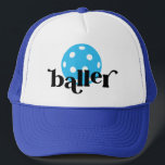 Pickle Baller Funny Blue Trucker Hat<br><div class="desc">Funny pickle baller blue and cyan trucker hat with bright yellow editable colours pickleball icon and "baller" in a trendy bouncy serif block font, perfect for the pickleball player.</div>