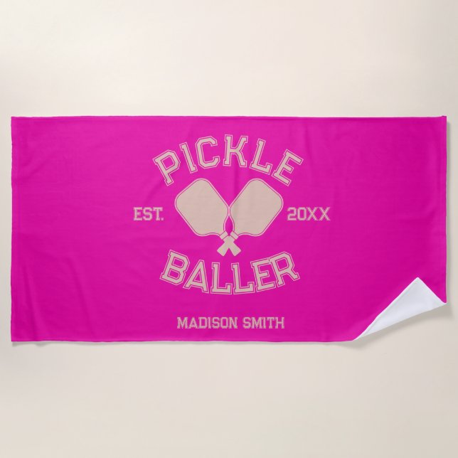 Pickle Baller Pickleball Collegiate Typography Beach Towel (Front)