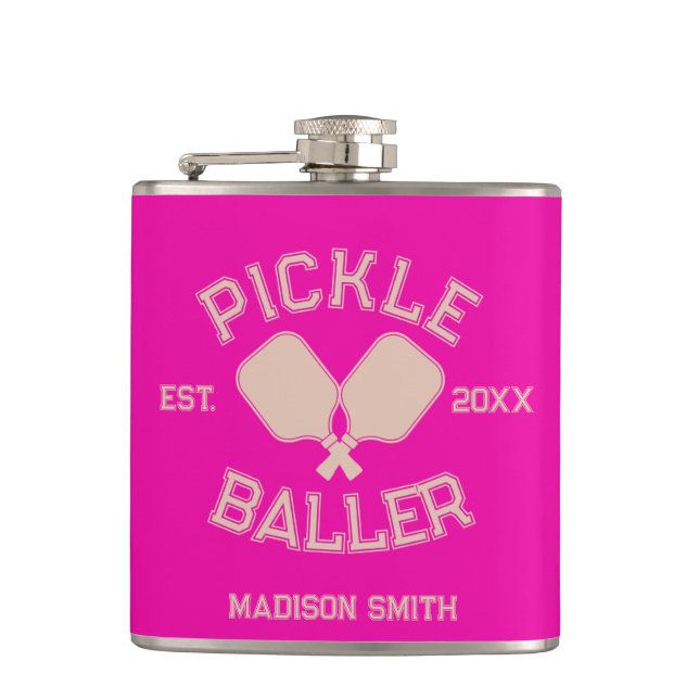 Pickle Baller Pickleball Collegiate Typography Hip Flask (Front)