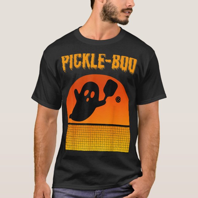 Pickle-Boo Ghost Playing Pickleball Halloween Cost T-Shirt (Front)