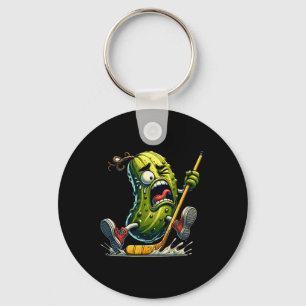 Pickle Hockey Panic Funny Ice Rink Cartoon Charact Keychain