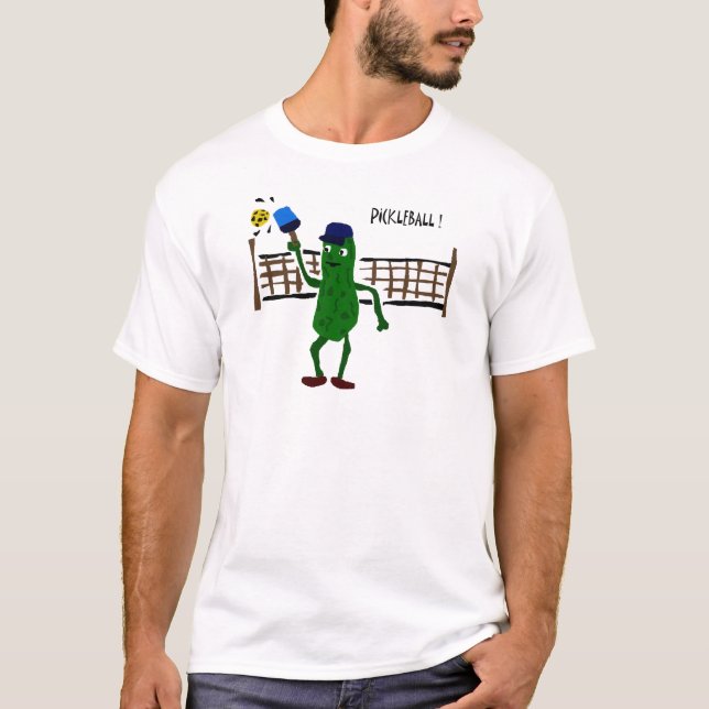 Pickle Playing Pickleball Primitive Art T-Shirt (Front)