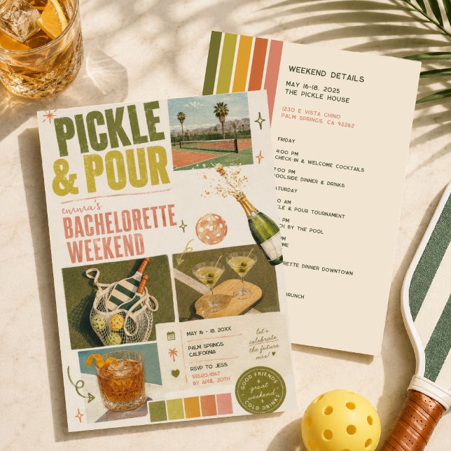Pickle & Pour Retro Pickleball Bachelorette Invitation (Creator Uploaded)