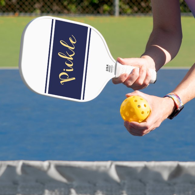 PICKLE Wide Navy Blue White Stripes Cute Script Pickleball Paddle (Insitu)