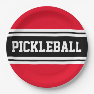 PICKLEBALL Athletic Bright Red Black White Stripes Paper Plate
