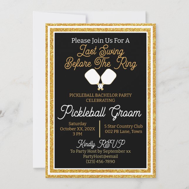 Pickleball Bachelor Party Black and Gold Glitter Invitation (Front)