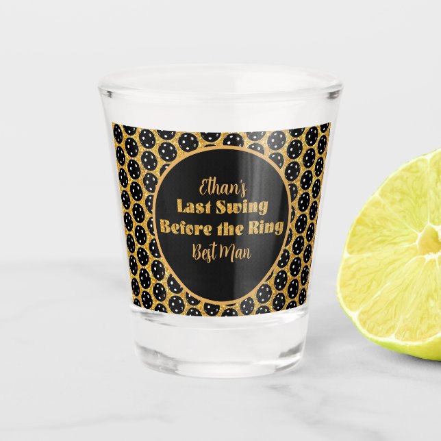 Pickleball Bachelor Party Black Gold Personalized Shot Glass (Front)