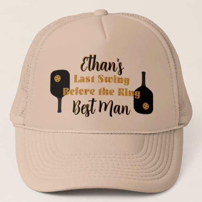 Pickleball Bachelor Party Black Gold Personalized Trucker Hat (Front)