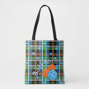 Pickleball Ball Sack - Black and Blue Plaid Tote Bag